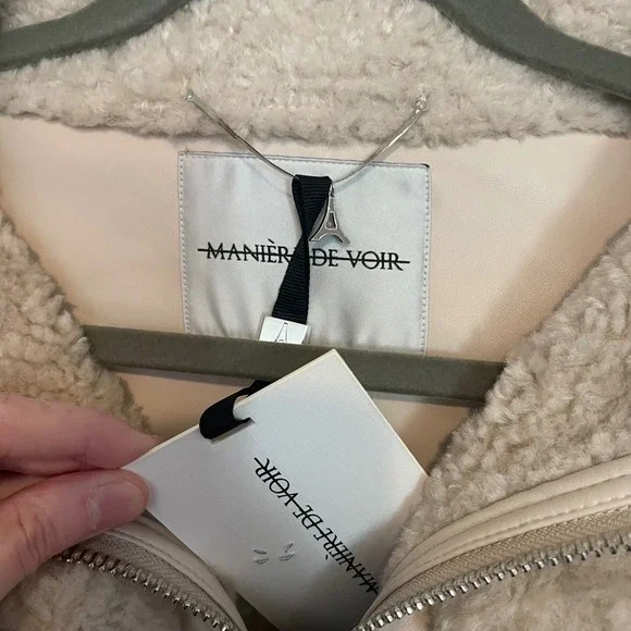 NWT Maniere De Voir Borg Biker Jacket Vegan Leather 6 angular hem beige‎ casual - Picture 5 of 8